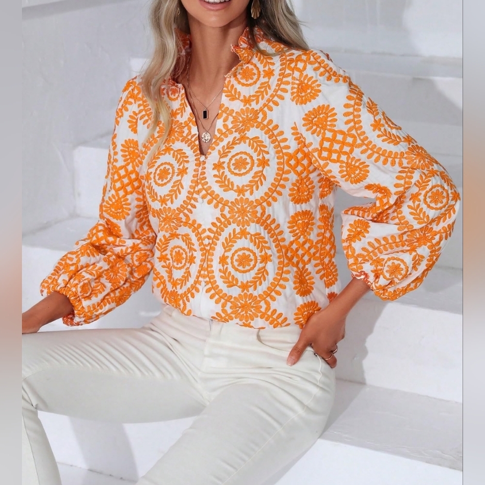 NWT Ornate Embroidery Blouse Boho  Shirt Orange Sz S HIGH QUALITY Lantern Sleeve